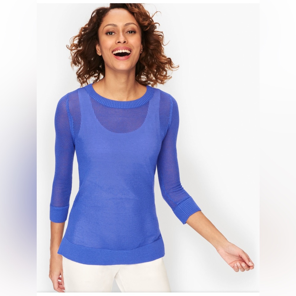 T by Talbots‎ Mesh Stitch Pullover Sweater Blue 3/4-Sleeves Size Large